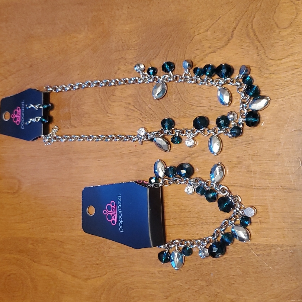 Paparazzi NWT deep teal gemstone silver necklace, bracelet & earrings.